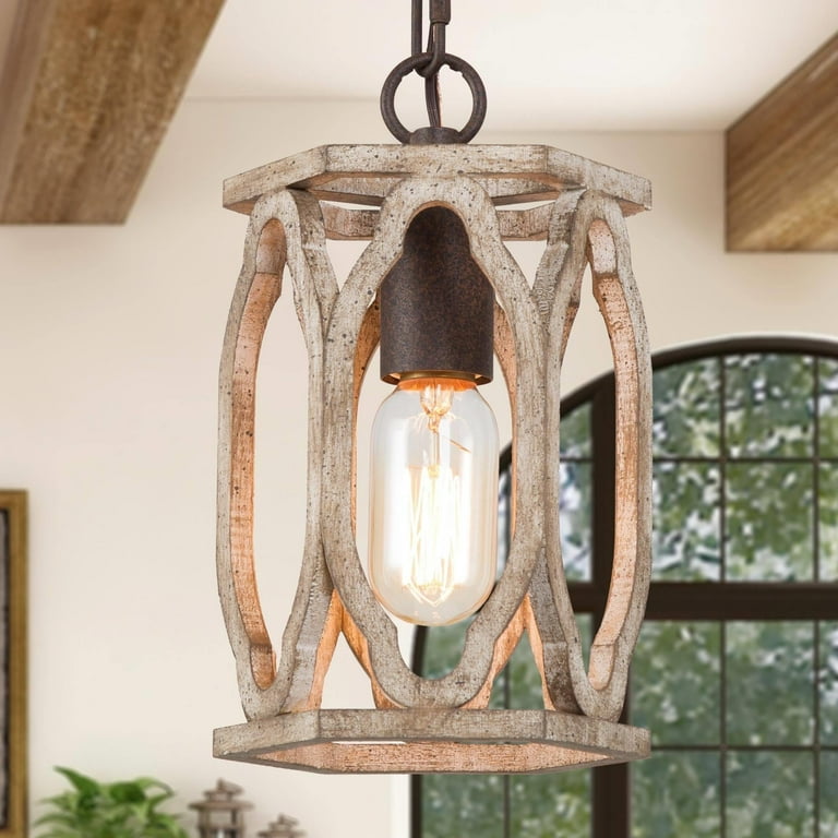 LNC Farmhouse 1-Light Wood Lantern Pendant Cage Light for Kitchen