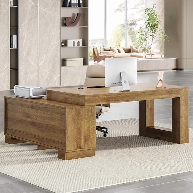 Bureau de Direction en L, Grand Bureau d'Ordinateur d'Angle Moderne de 63 Pouces avec Classeur et Étagères de Rangement, Brun