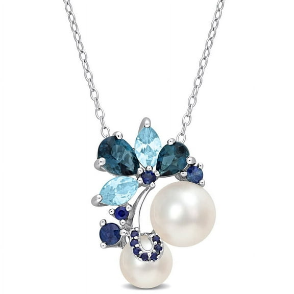 AMOUR White Cultured Freshwater Pearl, London and Sky-blue Topaz, and Sapphire Pendant with 20in Chain In Sterling