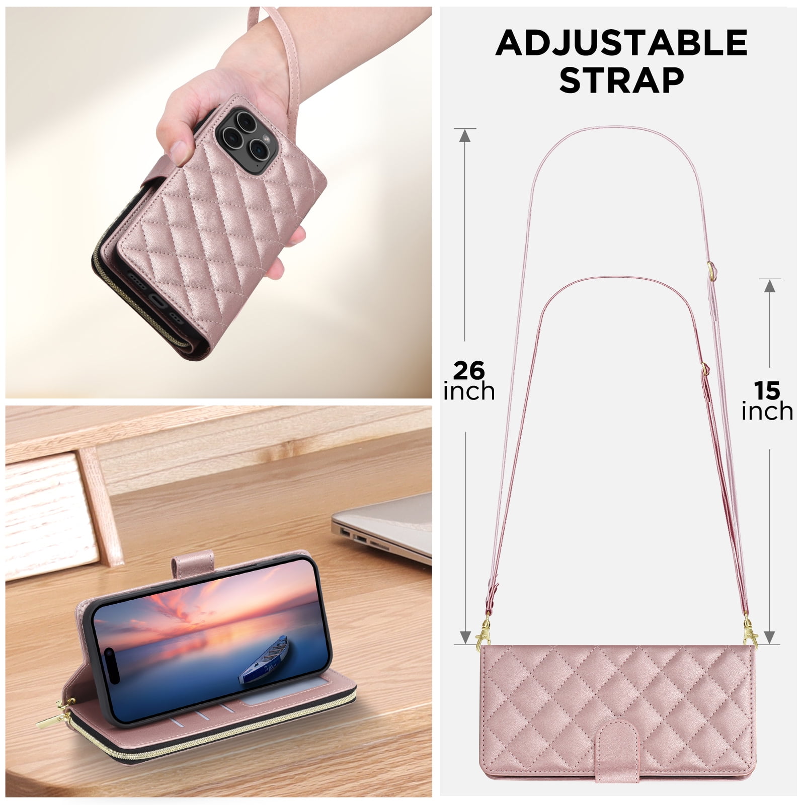 for iPhone 13 Pro Wallet Case, Multi-Functional Zipper Purse Case, with Flip Stand Card Holder PU Leather Phone Cover with Lanyard & Wrist Strap for iPhone 13 Pro, Rosegold