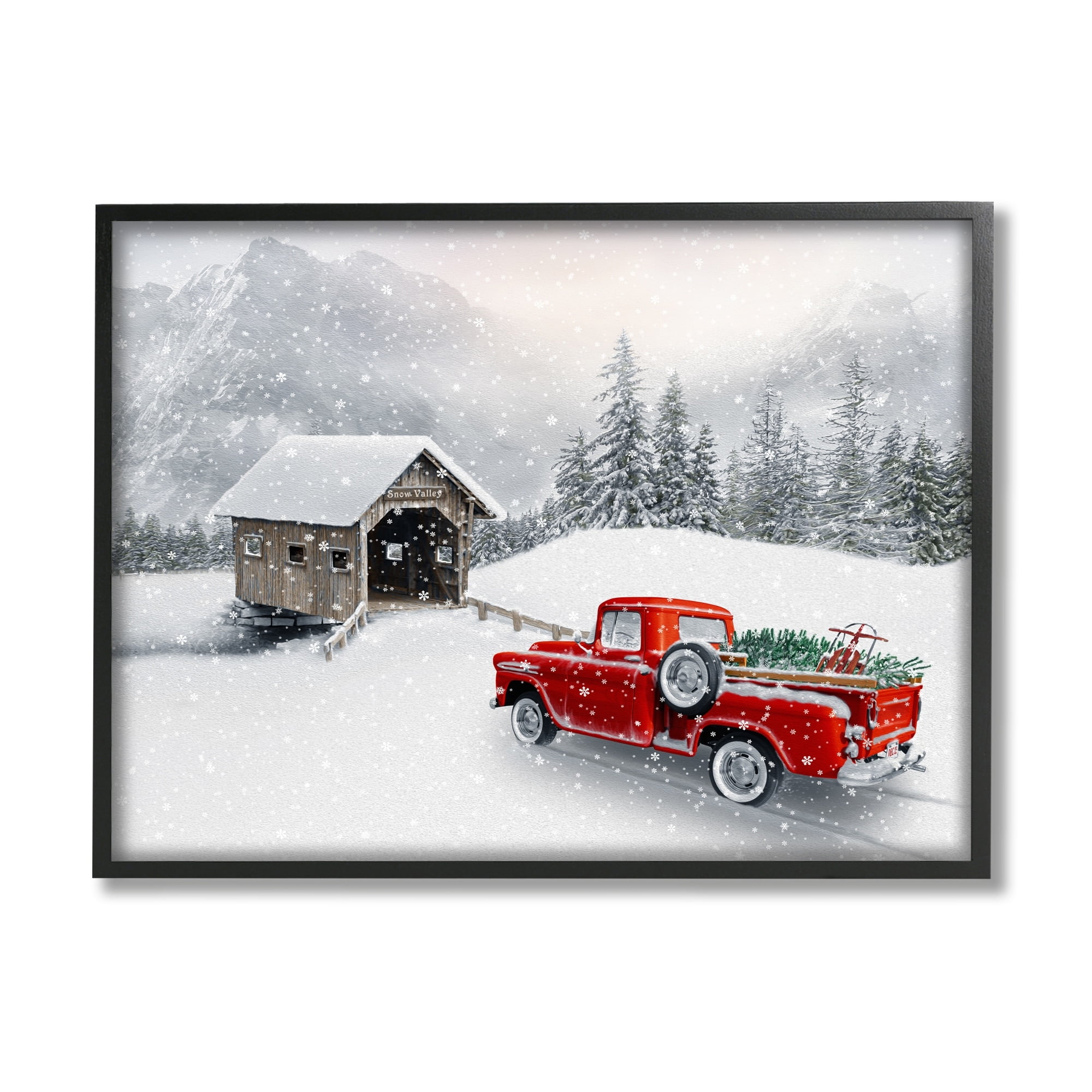Relaxing Snowcapped Mountain Scenery Vintage Red Truck Transportation Painting Framed Art Print Wall Art