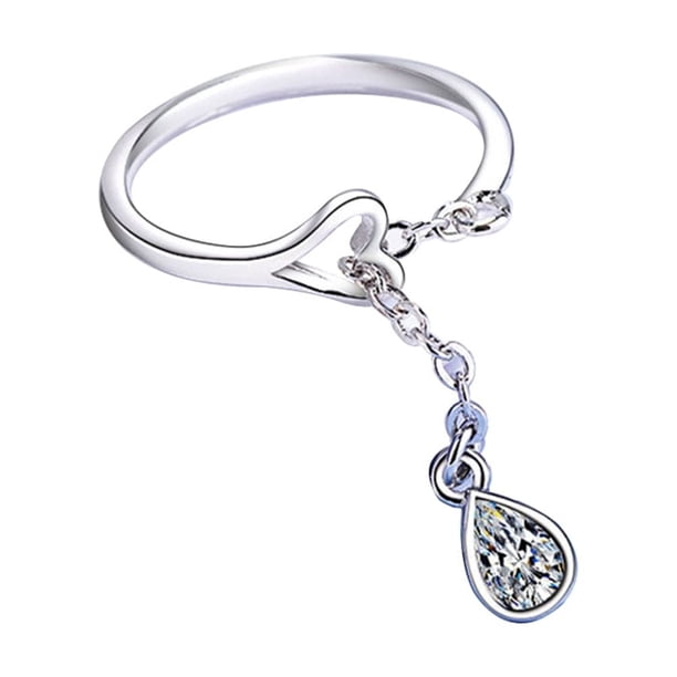 Anillo de dedo con forma de corazón y cadena extensible para mujer, diseño de gota de agua, para regalo de Navidad (plata)