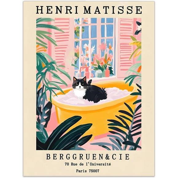 AIR-Henri Matisse Style Bathroom Wall Art,Funny Black Cat in Bathtub Poster,Vintage Cat Bathroom Decor,Whimsical Animal Wall Art,Retro Matisse Wall Print 30 x 40 CM Unframed