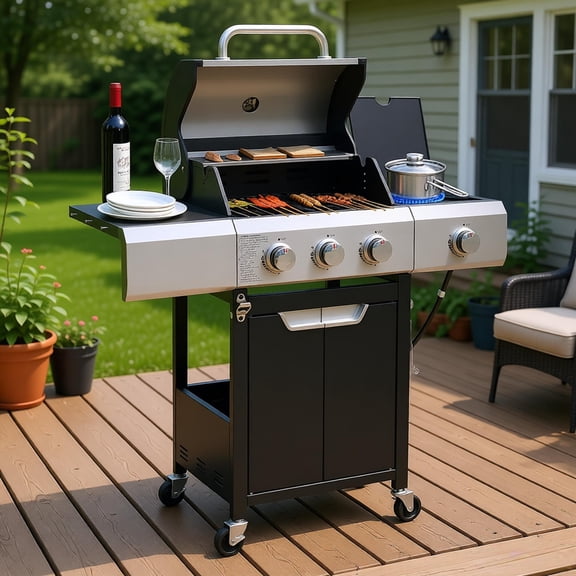 3 Burner Propane Gas Grill with Side Burner Stainless Steel Outdoor BBQ Cooker Electronic Pulse Ignition Built in Thermometer Black Cabinet for Backyard Patio Camping Picnic Tailgating Party
