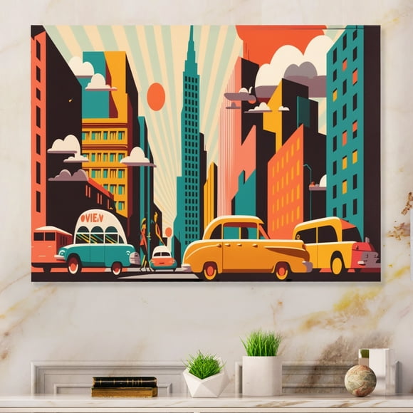 Designart Car/Van Oversized Wall art decor, Car/Van Wall Art, Futuristic Cityscape Teeming with Cars I , White Traditional Canvas wall art, 40x30 inches