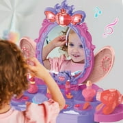 Carsky Kids Makeup Vanity Set With Mirror And Stool, Toddler Vanity Table With Lights And Sounds,Dress Up Pretend Play Toy For Girls Age 3-8