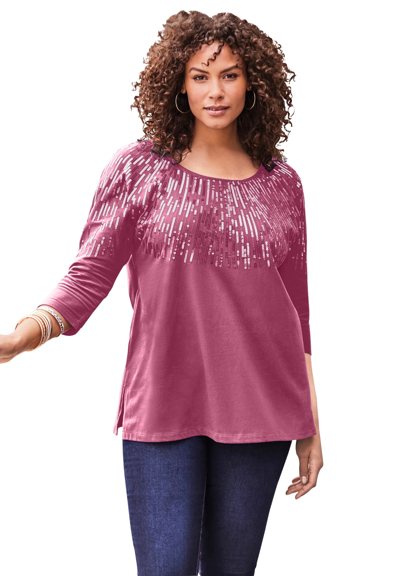 Roaman's Women's Plus Size Embellished Tunic Top – 3/4 Sleeve, Sparkly & Comfortable