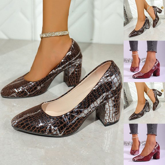 Hinvhai Women's Chunky Block Heel Pumps Pointed Toe Slip On Chunky Mid Heels Ladies Work office Dress Shoes Wine 9(42)