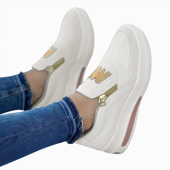 Platform Sneakers for Women Breathable Flock Slip on Round Toe Chunky Bottom Low Top Shoes Side Zipper Flat Comfortable Walking Shoes White Size 7.5
