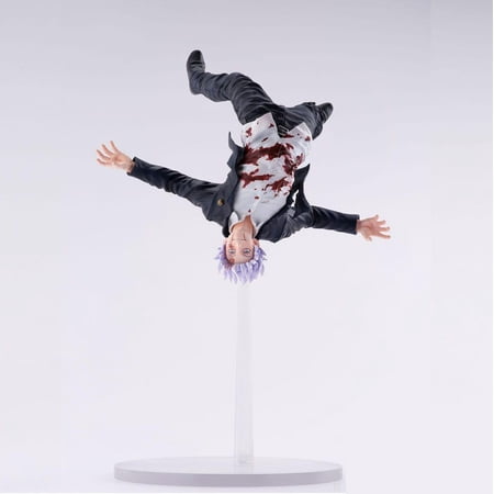 Gojo Satoru Dynamic Upside-Down Figurine, White Hair Dark Outfit With Battle-Damage Detail, Mounted-Stand Statue for Shelf Collection