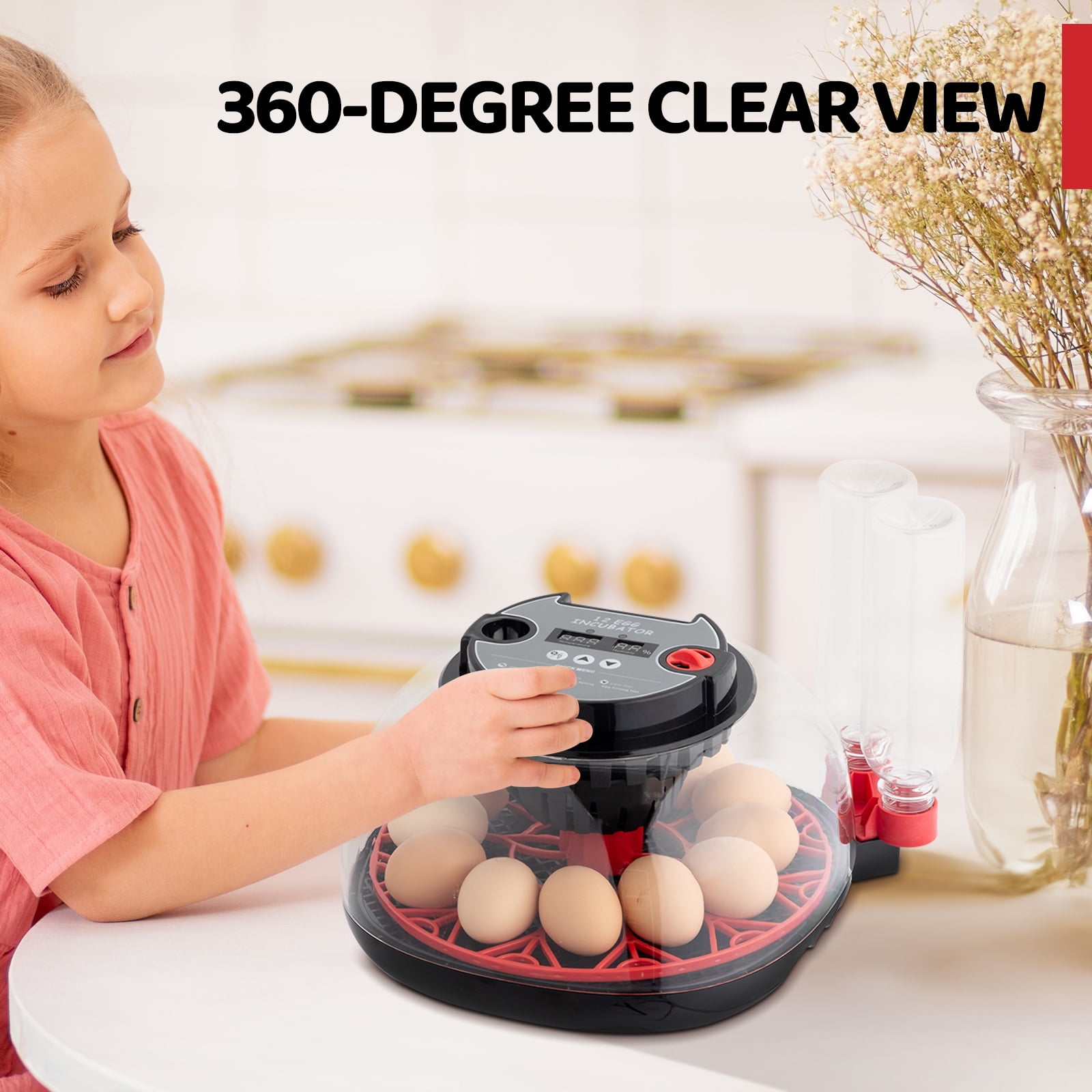 12 Eggs Incubator with Automatic Egg Turning, Temperature and Humidity Control,Auto Water Addition, LED Egg Candler, for Hatching Chickens, Ducks, Geese, Birds, Pigeons and Quail Eggs