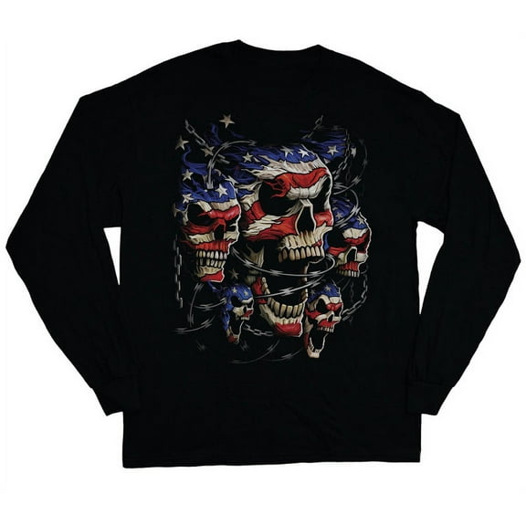 Barbed Wire Skulls T-shirt US American Flag Decal Long Sleeve Tee