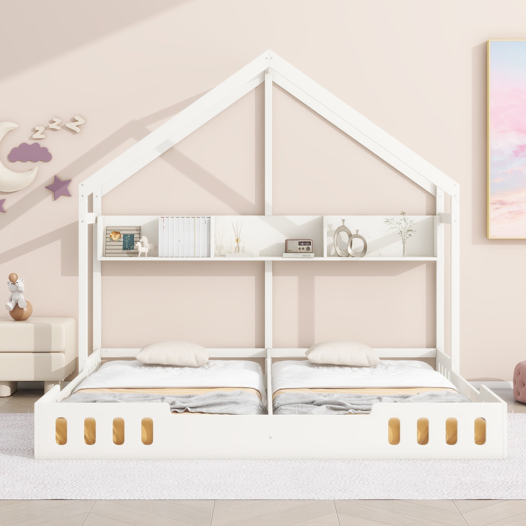 Euroco Wood Twin Size House Bed with Shelf, 2 Platform Beds with Storage, Creamy White