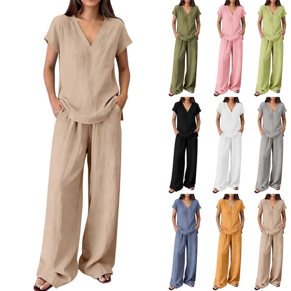 Women's V Neck Short Sleeve Top & Wide Leg Pants Set, Soft Nylon Spandex Loungewear, Casual 2 Piece Outfit with Stretchy Waist, for Relaxed Days, Work from Home, or | TruBelle,Black L