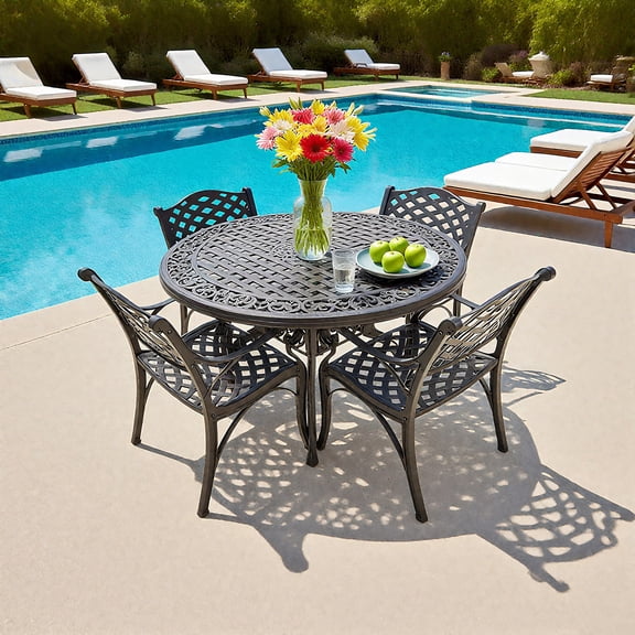 5 Piece Patio Dining Set,Outdoor Cast Aluminum Outdoor Dinning Set, All Weather Patio Chairs and Round Patio Table with 2.36" Umbrella Hole for Garden,Black