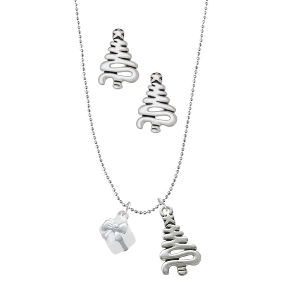 Delight Jewelry Silvertone Small 3-D White Present Box with Bow Silver tone Zig Zag Christmas Tree Charm Necklace and Stud Earrings