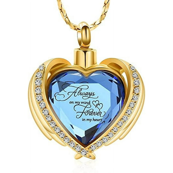Cremation Jewelry Angel Wing Heart Urn Pendant Necklaces for Women Crystal Birthstone Urns for Human Ashes Memorial Locket Keepsake Ashes Jewelry