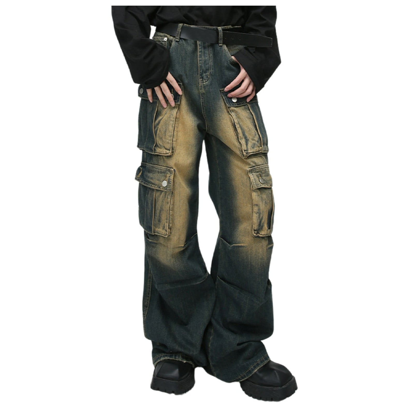 PMUYBHF Pantalon de Sarrau Femme Mode Décontractée Rétro Poche Style Rétro Jeans Cargo Amples et Pantalon Pantalon Formel pour Femme Pantalon de Pyjama pour Femme Flanelle TP