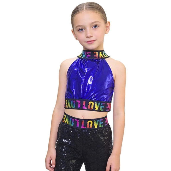 MuXiKeJi Clothes Girls Glitter Letter Off Shoulder Crop Top Sleeveless Performance Shirt For Dance Party Stage Wear