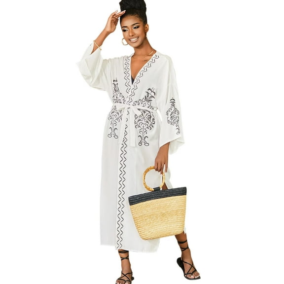 Edolynsa Women's Open-Front Embroidered White Bathing Suit Cover-Up Kimono Lightweight Summer Outfit Cardigan