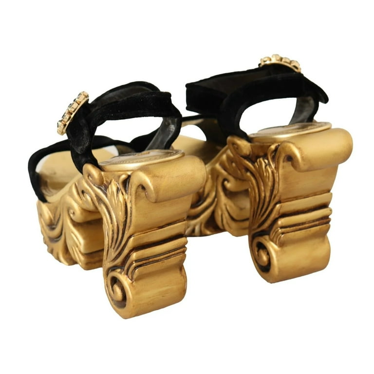 Dolce Gabbana Black Gold Baroque Velvet Heels Crystal Shoes Dolce Gabbana Black Gold Baroque Velvet Heels Crystal Shoes