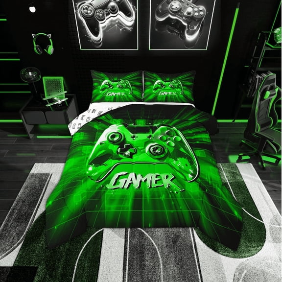 Erosebridal Green Gamer Bedding Twin Comforter Set,Geometric Buffalo Down Comforter,Video Game Bedding Sets Twin With Comforter,Microfiber Gamepads Bedroom Decorative,Reversible,2-Piece