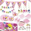 Baby Cute Party Supplies Set, 126 Pieces Party Decoration For Baby Birthday Favor, Shark Party Tableware Cake Topper Banner Pennant Hanging Decorations Whistle Straws And Dessert Set, Doo Doo Decorati