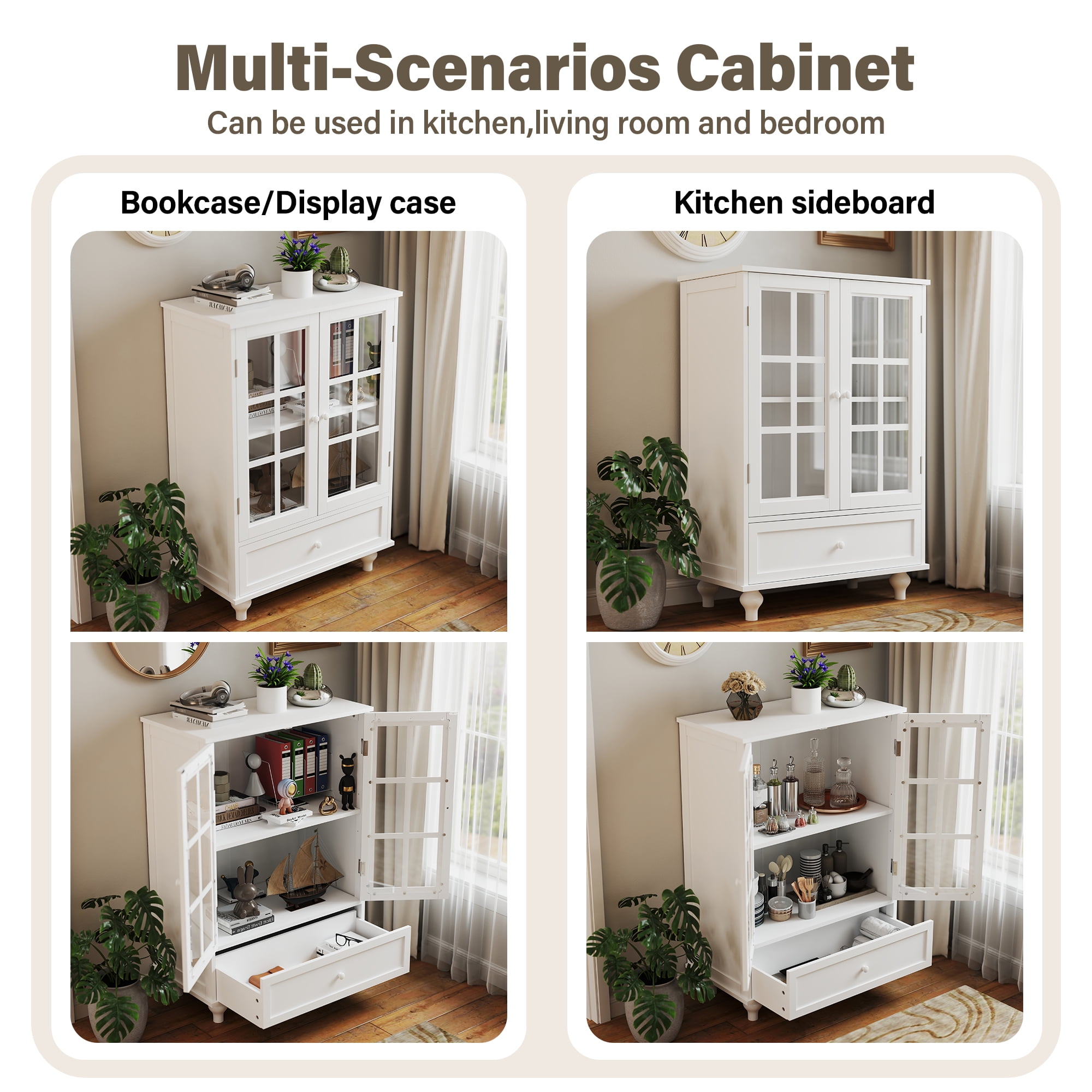 Aukfa Buffet Pantry Cabinet,2 Doors Wood Sideboard Storage Cabinet for Dining Room Hallway Entryway,White