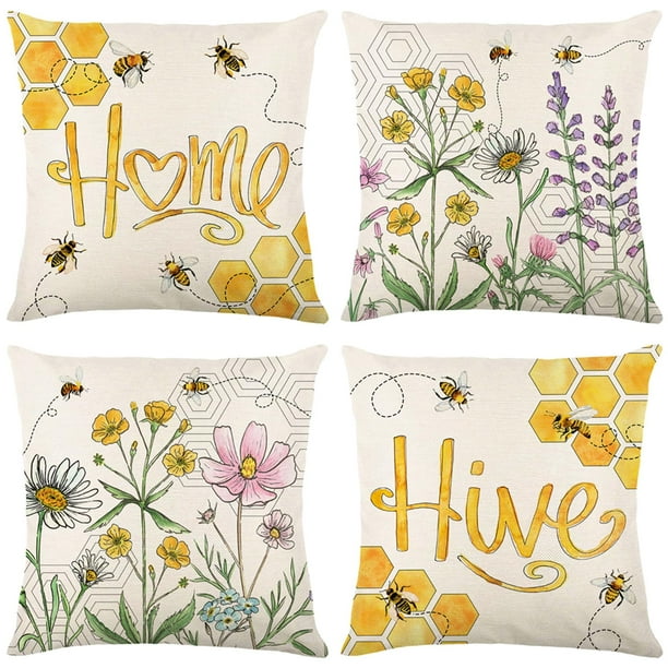 Fundas de almohada florales de 18.0 x 18.0 in, juego de 4 fundas de almohada de miel de abeja amarilla, fundas de cojín decorativas para primavera y verano para sofá