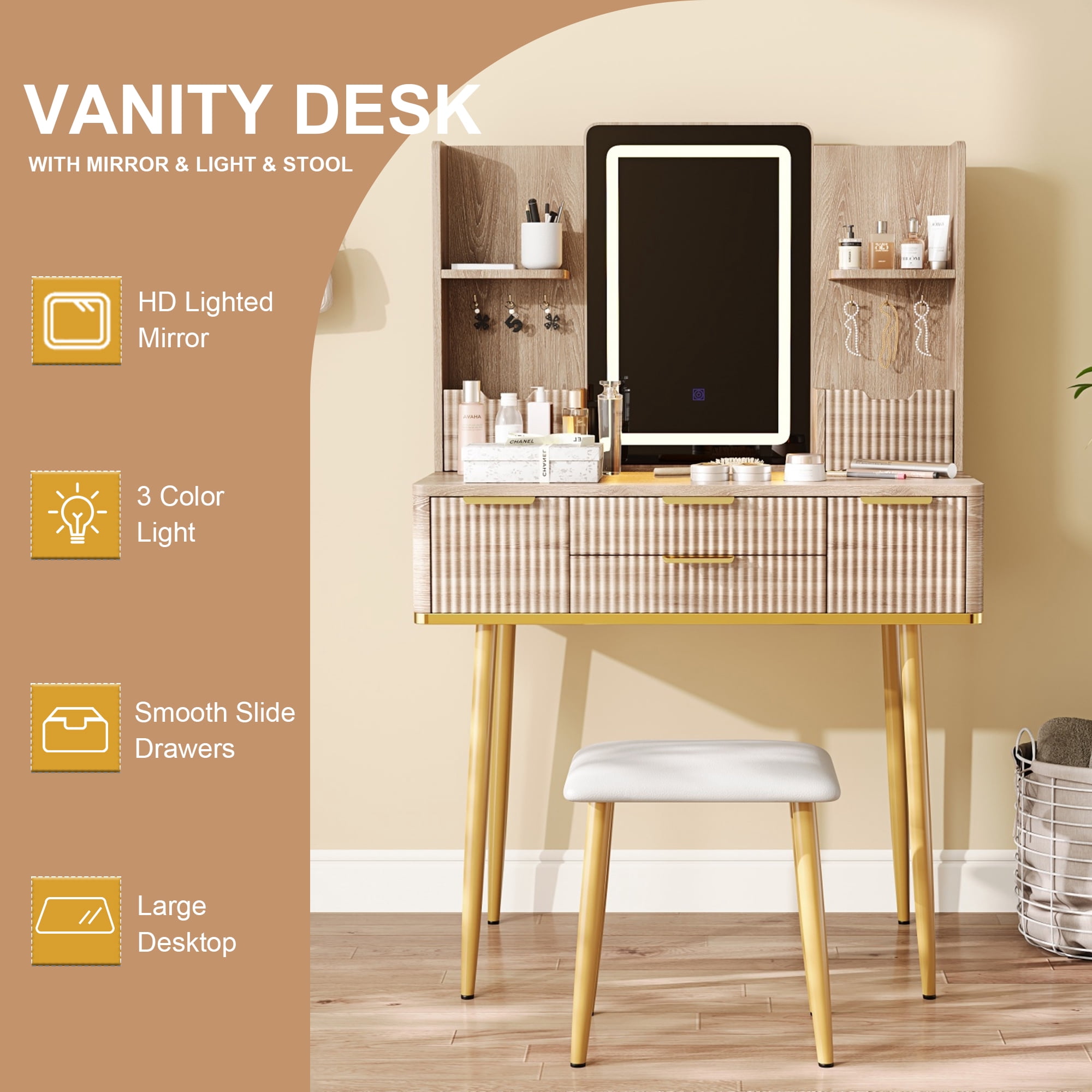 4-Drawer Vanity Desk with LED Mirror and Stool, Fluted Makeup Table with Metal Legs, Yellow Brown
