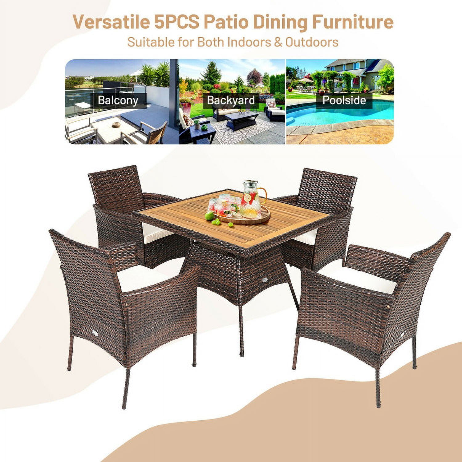 Aimee Lii 5 Pieces Patio Rattan Dining Furniture Set with Arm Chair and Wooden Table Top, Outdoor Patio Furniture
