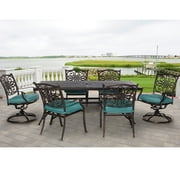 Hanover Traditions 7-Piece Outdoor Patio Dining Set with Rust-Free Aluminum Dining Table, 4 Elegant Dining Chairs and 2 Swivel Rockers with Blue Cushions| TRADDN7PCSW-BLU