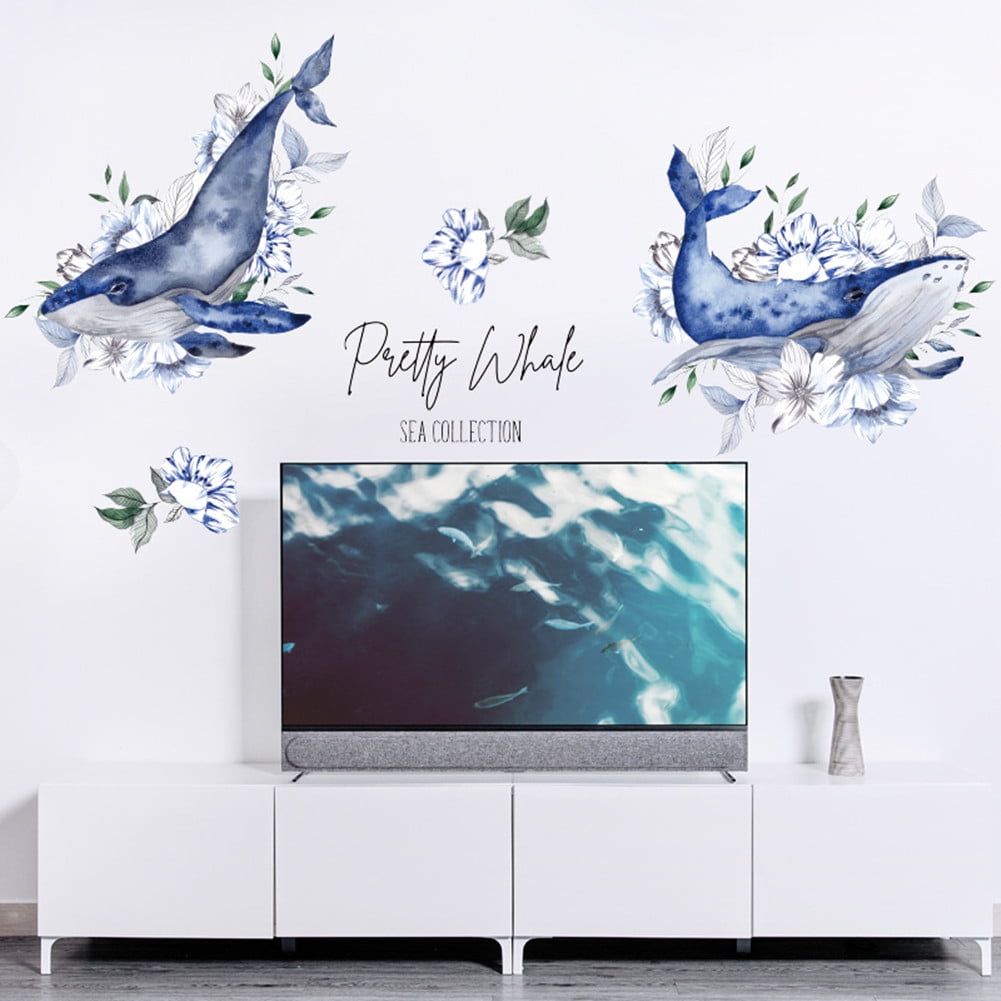 Stickers muraux avec motif de fleurs bleues baleine peintes à la