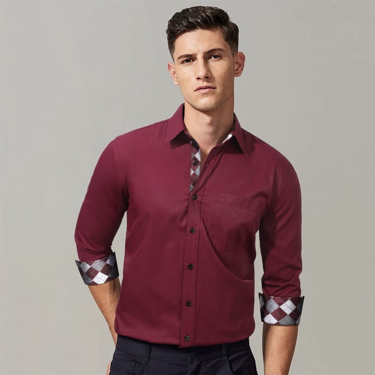 Hisdern Men's Burgundy White Paisley Paisley Splicing Dress Shirt For Office Wear S Hisdern Men's Burgundy White Paisley Paisley Splicing Dress Shirt For Office Wear S