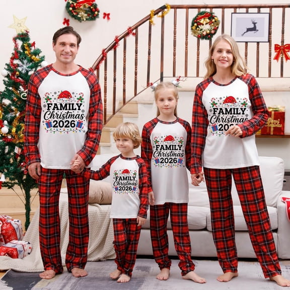 Matching Family Christmas Pajamas, We Are Family Christmas 2026 Raglan Top And Plaid Pants, Soft Loungewear for Christmas Eve, Cozy Sleepwear for Xmas Morning, Matching Pjs for Photos