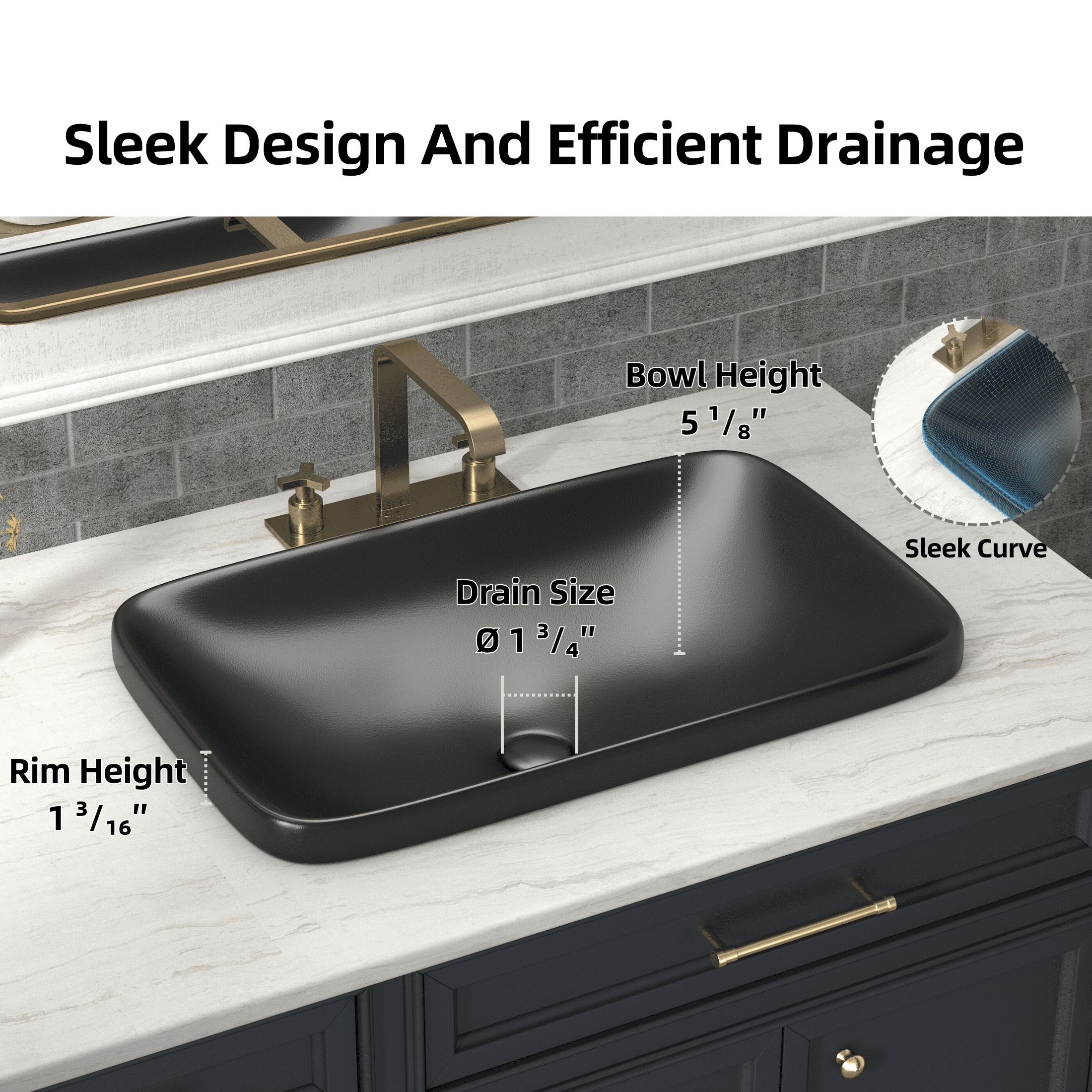 Los Flexi 24"x15" Matte Black Rectangle Semi-Recessed Bathroom Sink with Pop-Up Drain, No Overflow