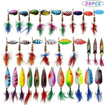 Metal Spinner Fishing Lures Kit Rooster Bait Tail,30pcs Metal Spoon Lures with Feathered Treble Hooks for Bass Walleye Trout Freshwater Saltwater