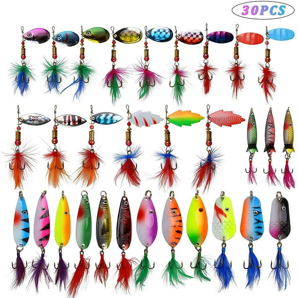 Fishing Spoon Lures Spinnerbaits Kit, 30pcs Metal Casting Spinner Baits  with Feather Colorful Spoon Fishing Lures 