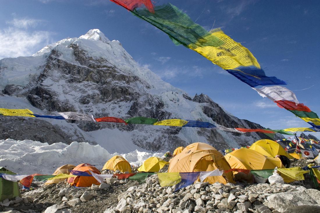 Tents of Mountaineers Scattered Along Khumbu Glacier, Base Camp, MT Everest, Nepal Prayer Flags Photography Print Wall Art by David Noyes, Size: 36 x