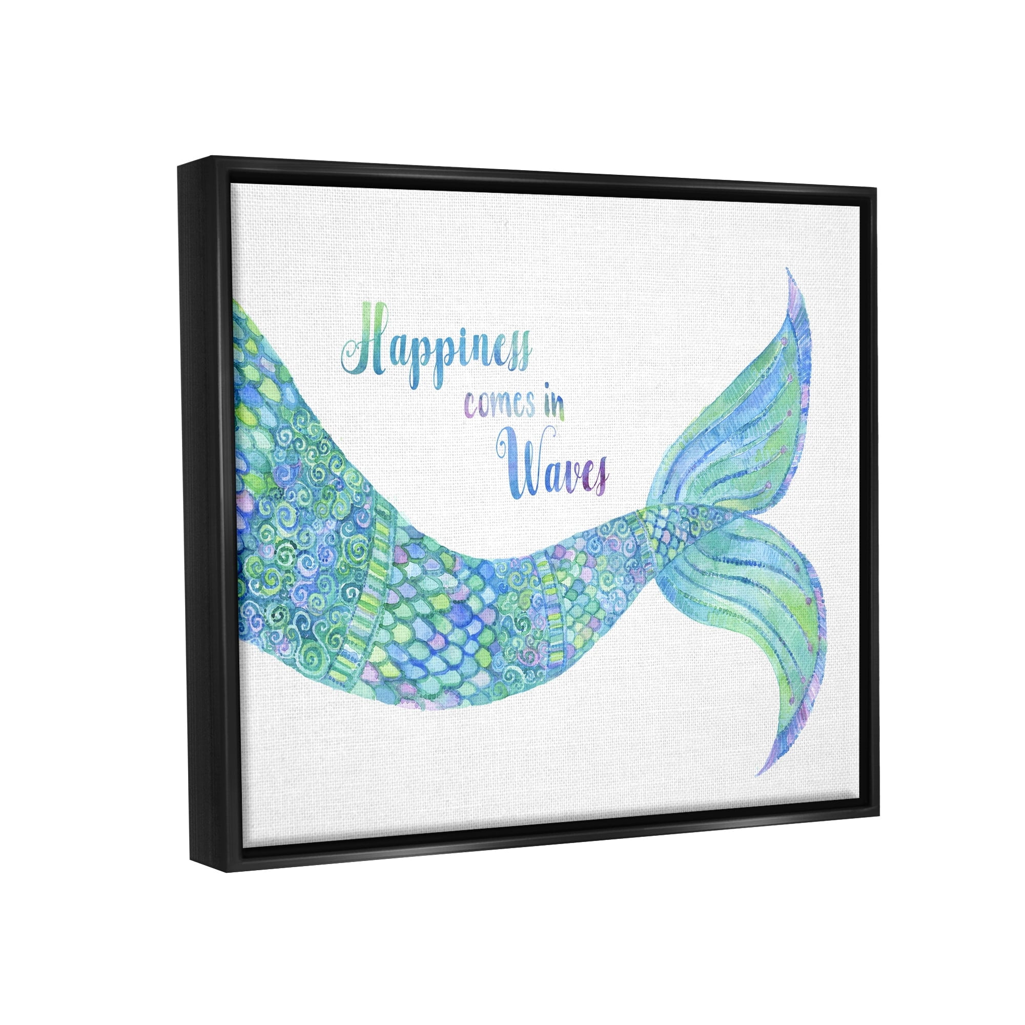 Stupell Industries Happiness Comes in Waves Detailed Mermaid Tail Sentiment Painting Metallic Gold Floating Framed Canvas Print Wall Art, Design by Jackie Decker
