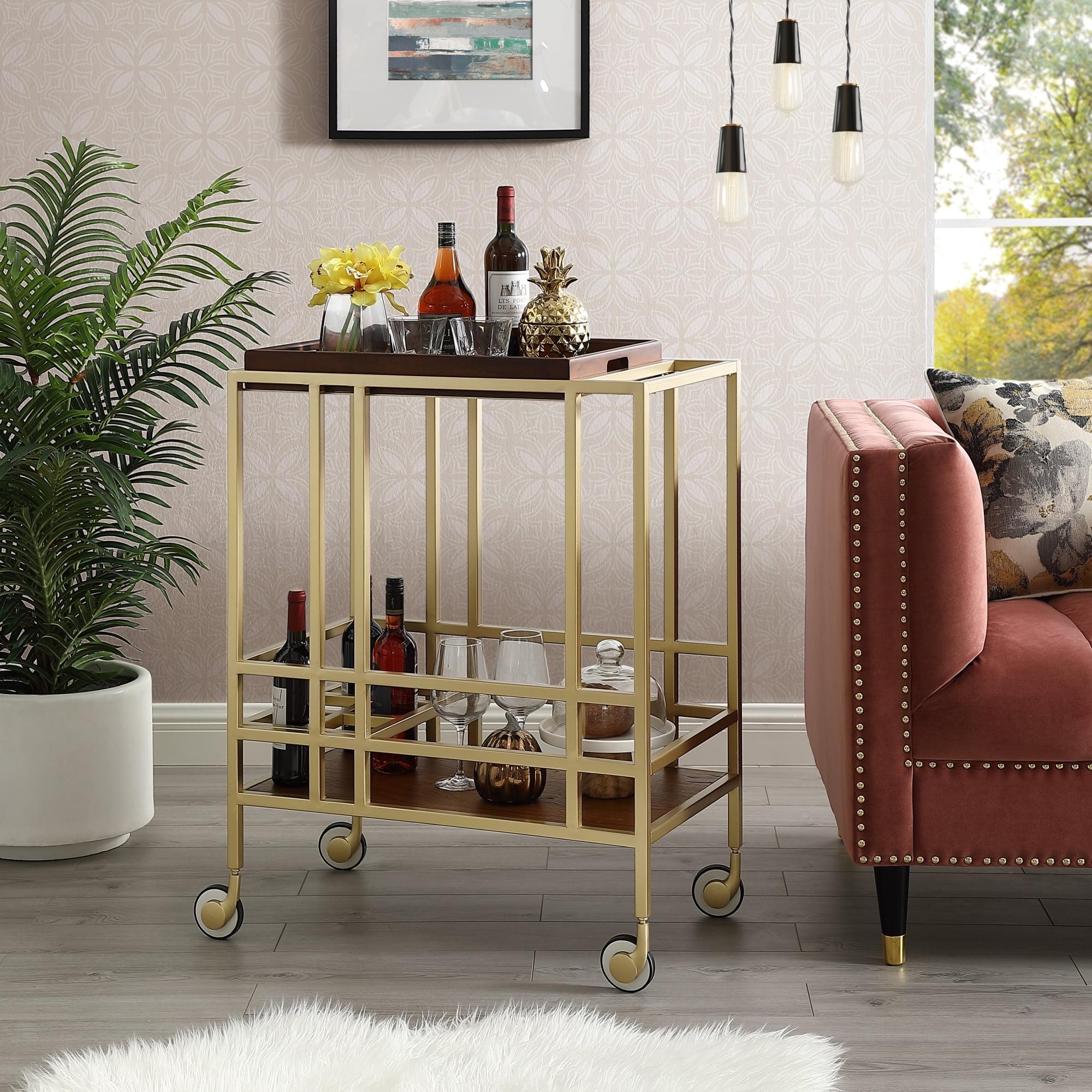 Kelsey Serving Bar Cart - Removable Tray | Wine Bottle and Stemware Storage  | Casters | Inspired Home