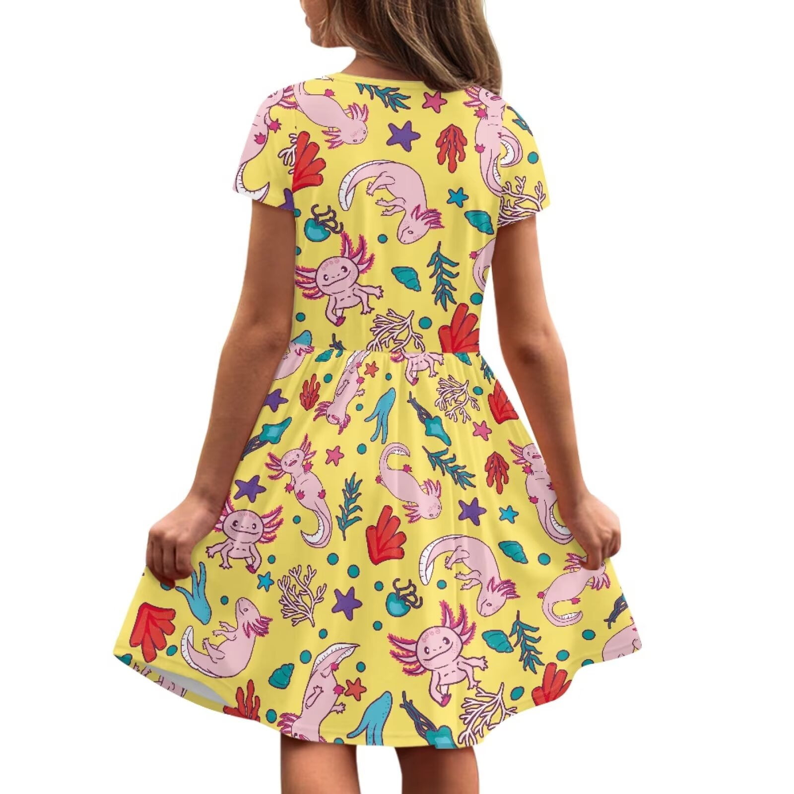 Uourmeti Axolotl Summer Dresses for Toddler Girls Cute Swing Dress Casual Loose Crewneck Short Sleeve Midi Dresses with Pockets