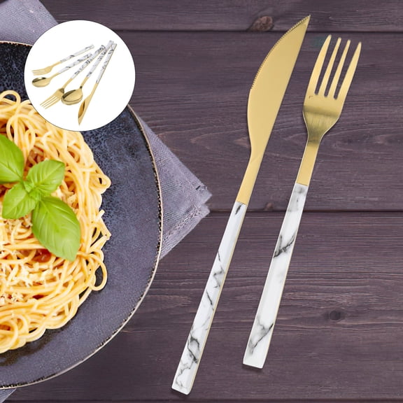 Healifty Golden Stainless Steel Cutlery Set with Fork and Spoon, Flatware for Family Meals, Parties, and Camping Trips