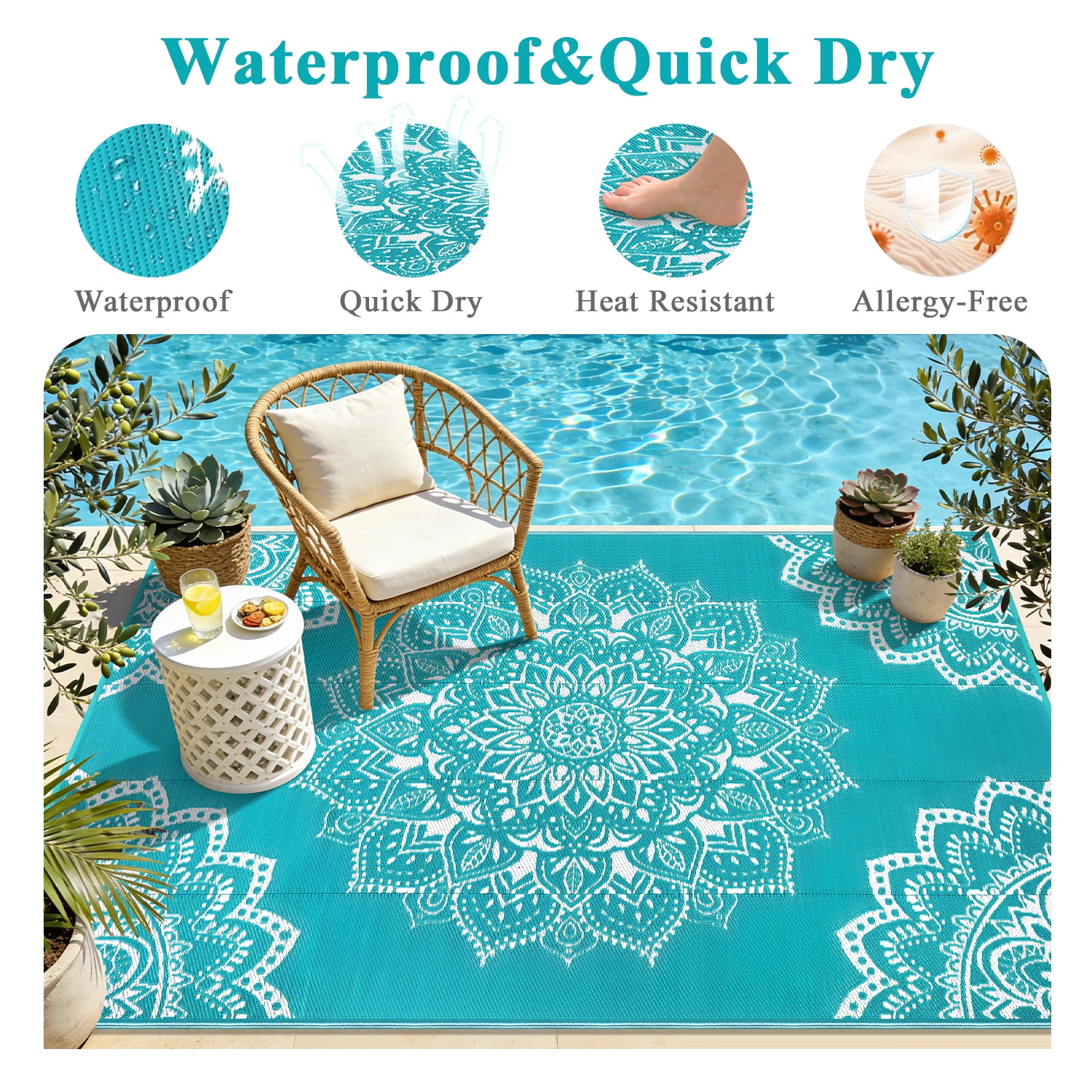Findosom 9'x12' Outdoor Rugs Large Patios RV Outdoor Rug Reversible Waterproof Camping Rugs Portable Plastic Straw Outdoor Area Rug for Camping, RV, Balcony, Patio, Picnic,Teal