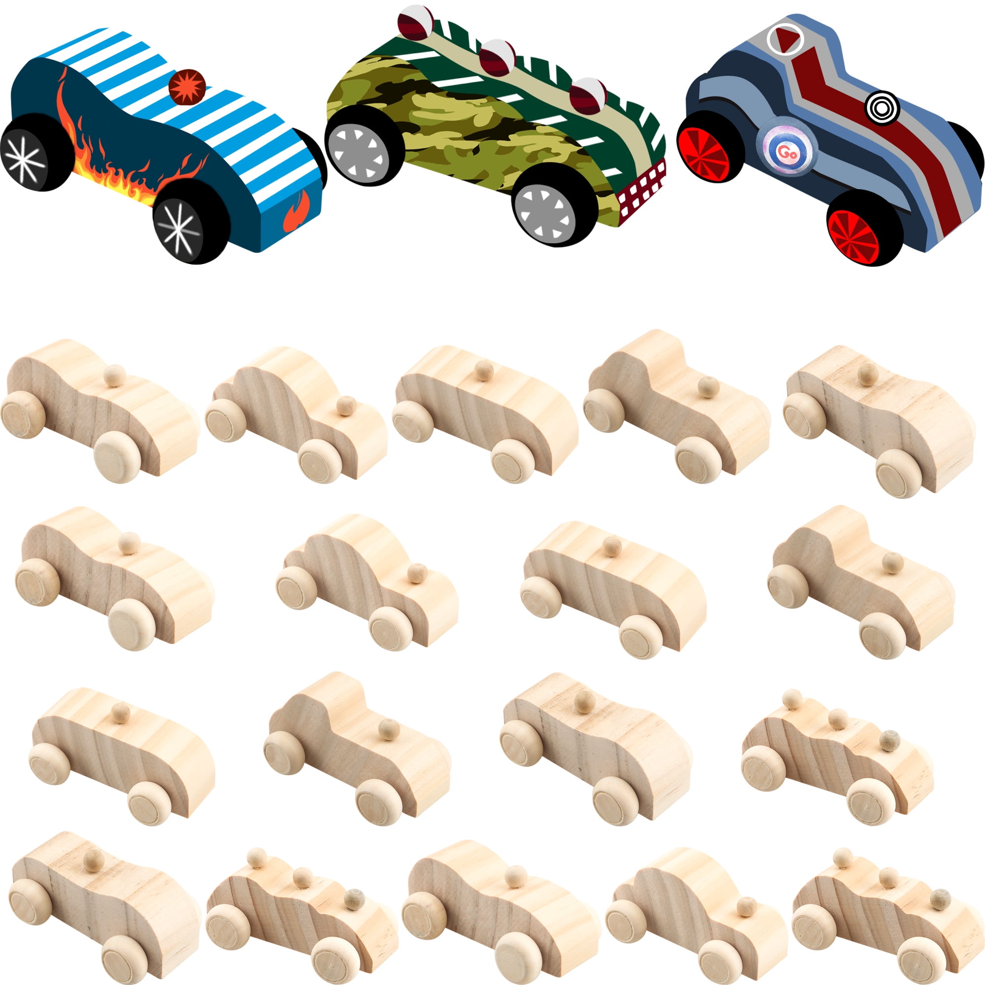 Puteraya 18 Pack DIY Wood Car Toys Unfinished Wooden Cars to Paint