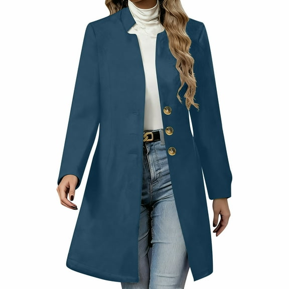 Hueook Womens Fall Jackets Women's Solid Casual Thicken Wool Stand Collar Inner Lining Pocket Breasted Pea Coat Blue 2X