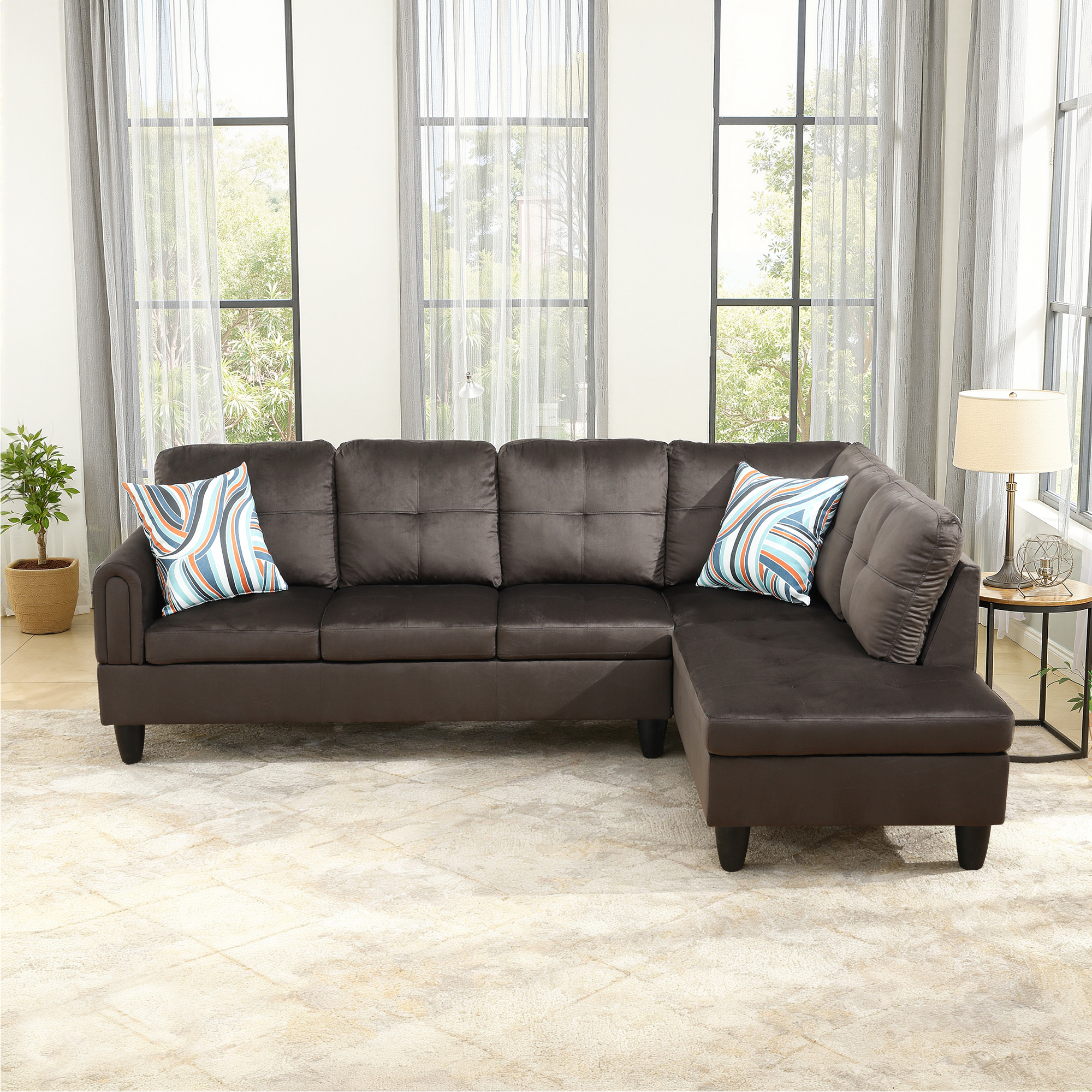 MAYEERTY 97" Flannel Sectional Sofa, 2-Piece Couch Living Room Sofa Set without Ottoman, Dark Brown (Right)