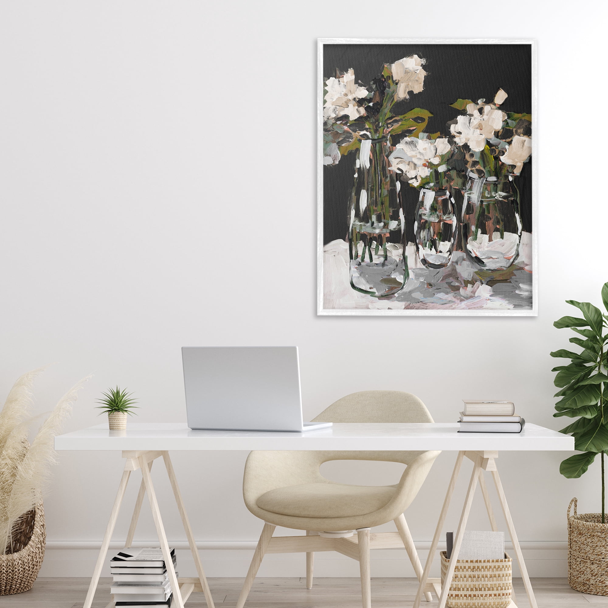 Stupell Industries Three Flower Vases on Black White Framed Giclee Art, design by Jane Slivka