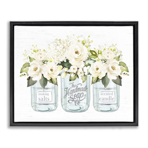 Stupell Industries Farmhouse Farmhouse Rose Blossom Bouquets Varied Country Jars Black Floating Frame Canvas Art, 21 x 17, by Lettered and Lined