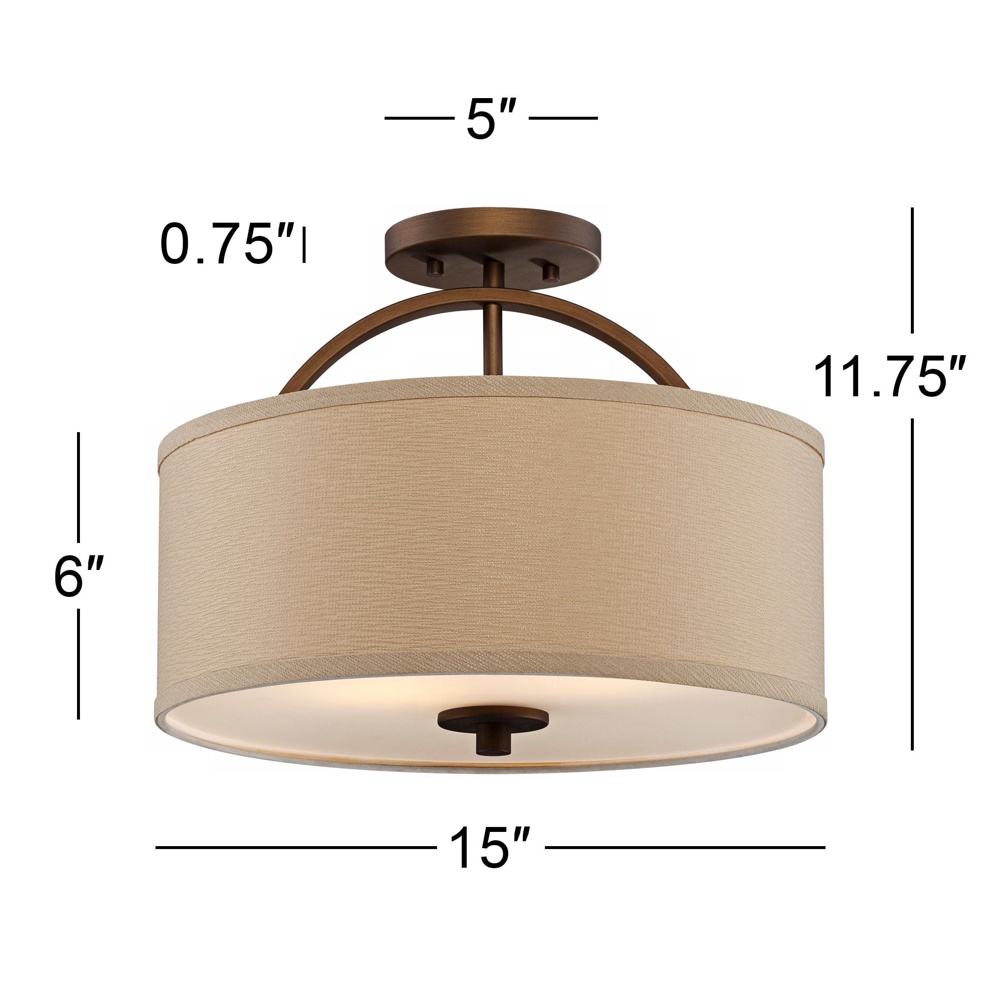 Possini Euro Design Halsted Modern Ceiling Light Semi Flush Mount Fixture 15" Wide Brushed Bronze 2-Light Oatmeal Linen Drum for Bedroom Living Room